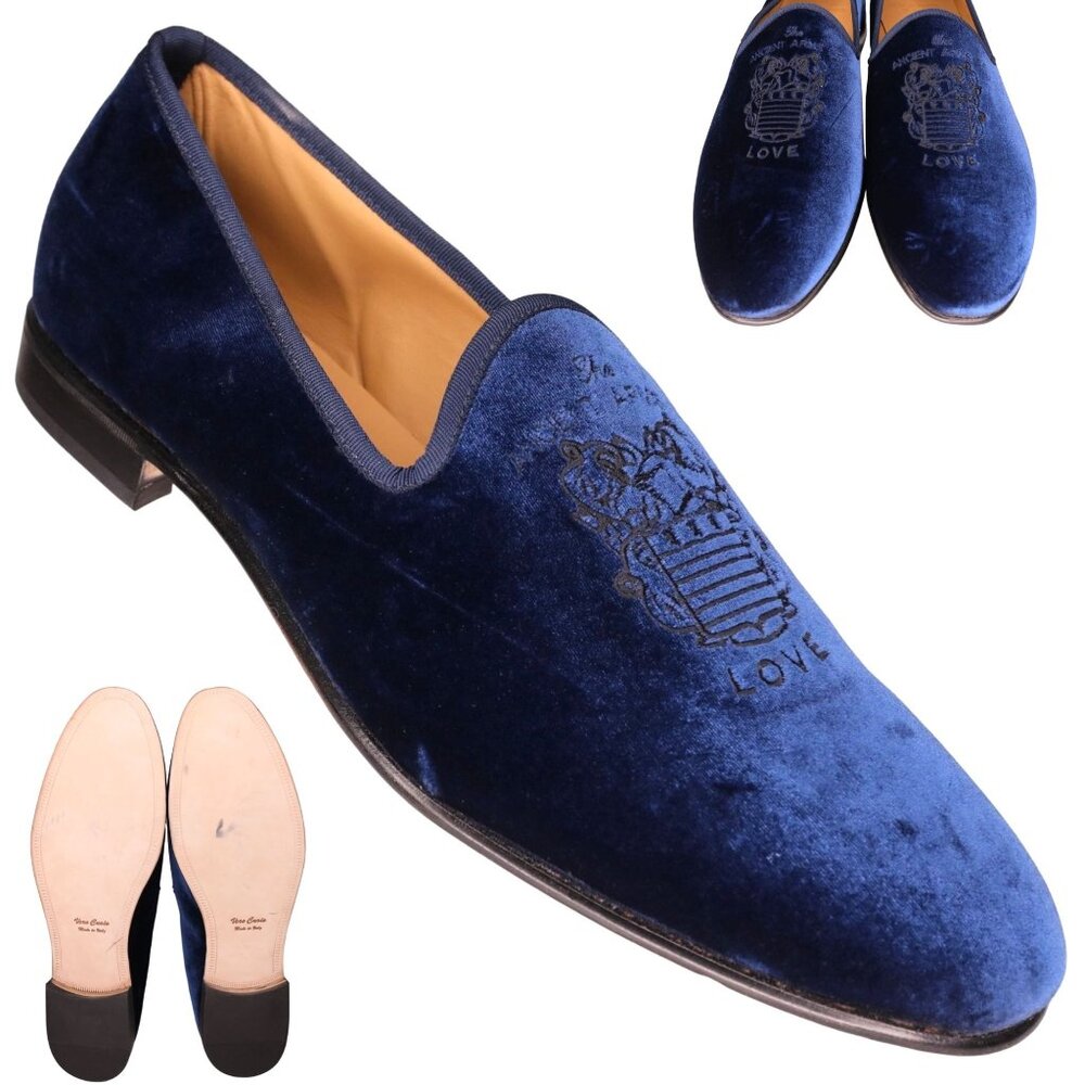 NEW Blu Scarpa Italy Men 19.5 Navy Blue Velvet Dress Shoe Slipper Formal Loafers